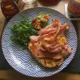 Delicious loaded pancakes with mashed avocado and bacon made with love and a smidgen of worry